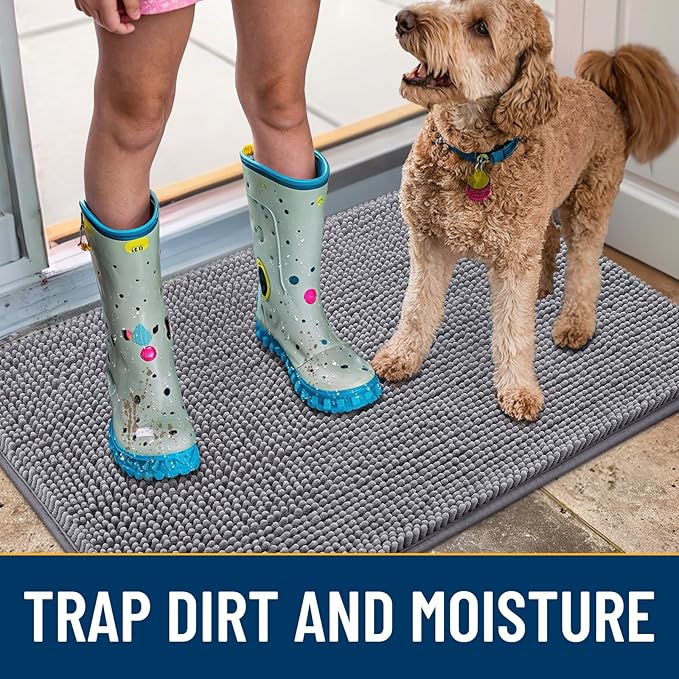 Smiry Dog Door Mat for Muddy Paws 44x32, Absorbent Dirt Trapper, Non-Slip Washable Chenille Entryway Rug for Inside Floor, Grey, Classic Solid