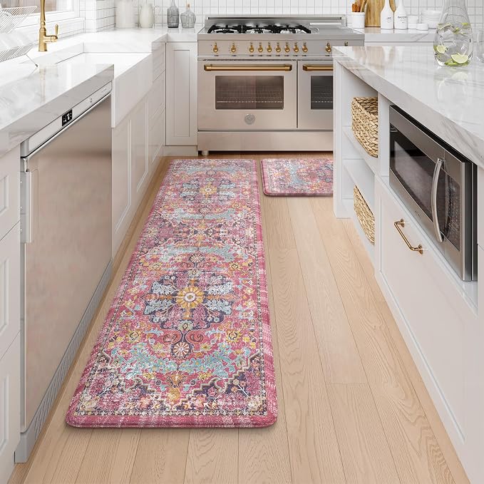 KIMODE Anti Fatigue Kitchen Mat, Cushioned Boho Kitchen Rugs Sets of 2, Non Slip Farmhouse Kitchen Mat for Floor, Waterproof Standing Desk Mat for Laundry, Office, Sink Fuchsia/Multi 17"x59"+17"x29"
