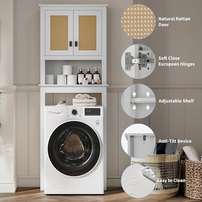 GarveeHome Over The Toilet Storage Cabinet, Farmhouse Over Toilet Bathroom Organizer with Rattan Doors, Freestanding Wood Above Toilet Storage Cabinet with Adjustable Shelf, White