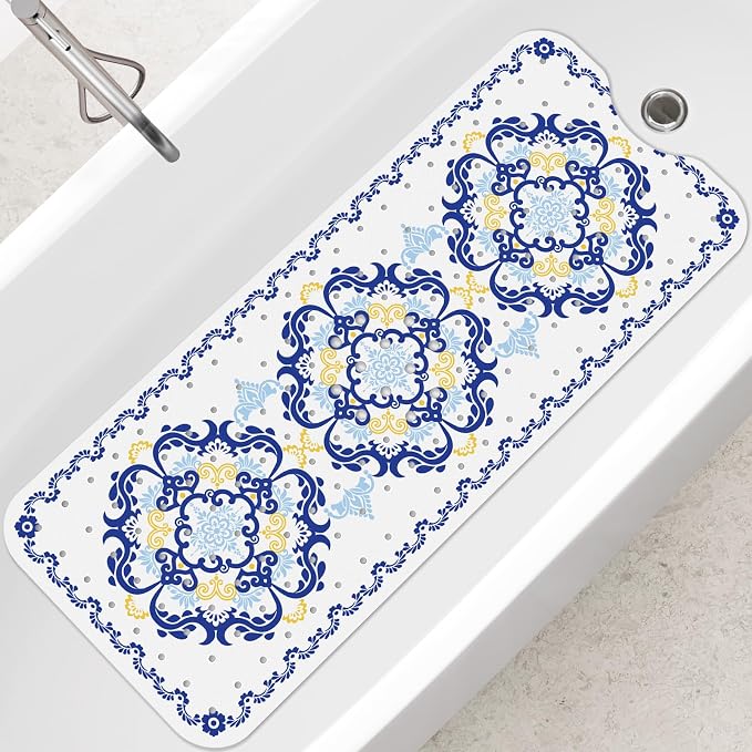 SHUCHING Blue Bath Mat for Tub Non Slip-40 X 16Inch, Boho Bathtub Mat Anti Slip, Long Shower Mat for Bathroom Mold Free, Machine Washable