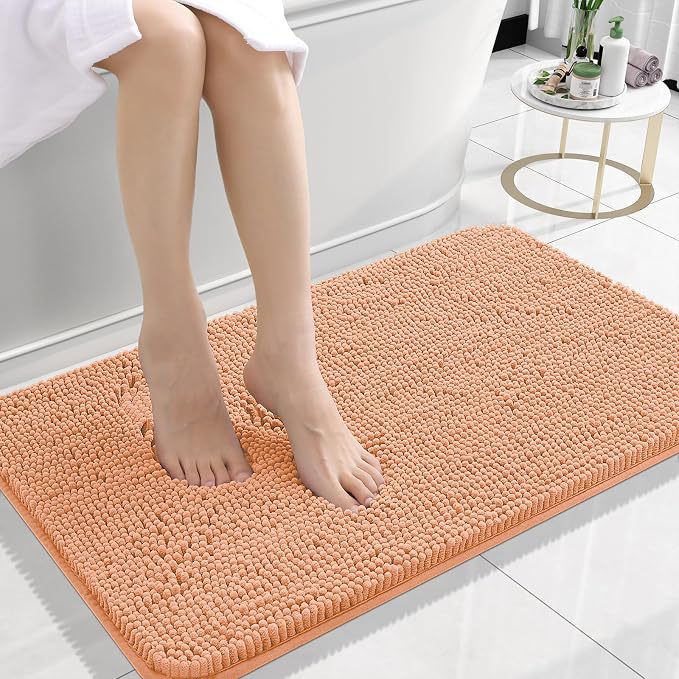 OLANLY Small Bathroom Rugs 24x16, Extra Soft Absorbent Chenille Bath Rugs, Rubber Backing Quick Dry, Machine Washable Bath Mats for Bathroom Floor, Tub and Shower, Home Decor Accessories, Peach