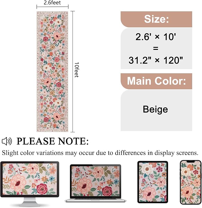 DUKINO Runner Rug for Hallway, 2.6x10 Washable Floral Long Kitchen Rug with Non Slip Backing, Lightweight & Stain Resistant Soft Runners for Indoor Entrance, Laundry, Living Room, Bedroom, Beige