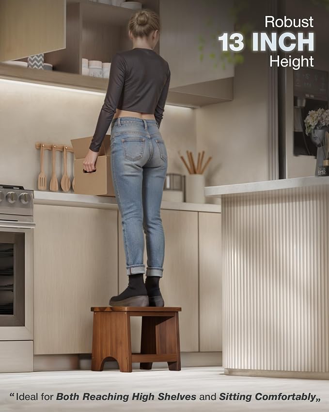 FANATU 13'' Wooden Step Stool, Non-Slip One Step Stool for Adults, Portable Heavy Duty Design with 550lbs Capacity, Nonslip & Durable Construction (Rich Walnut, 13in Height)