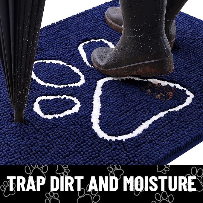 Smiry Dog Door Mat for Muddy Paws, Absorbent Dirt Trapper Non Slip Quick Dry Washable Chenille Mat for Mud Dogs, Entry Rug for Indoor and Outdoor (71x46 Inches,Navy Blue and White)