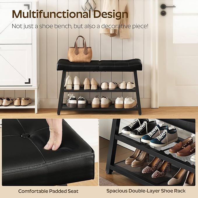 YATINEY Shoe Bench, 3-Tier Shoe Rack, Entryway Bench with Storage and Cushion, for Hallway, Foyer, Bedroom, Black HX02BB