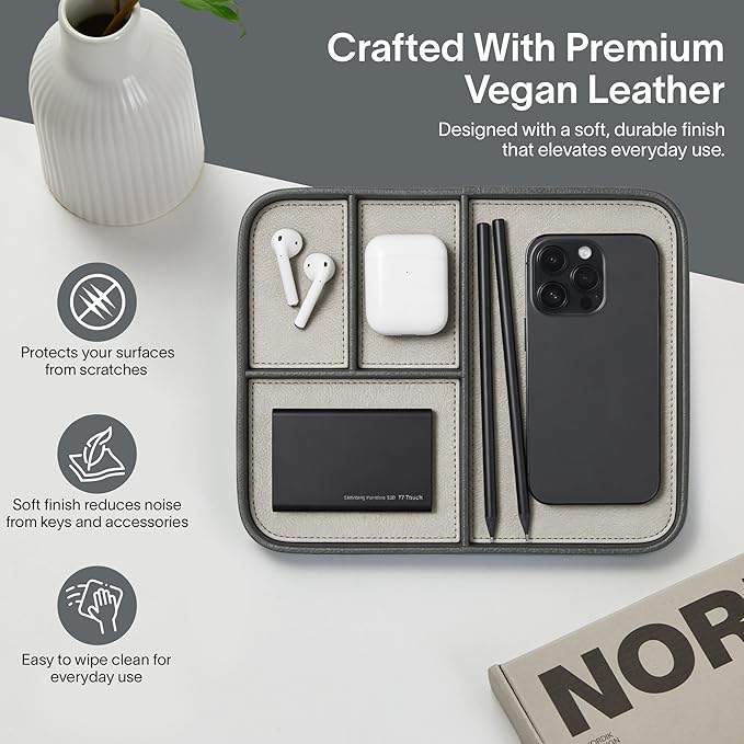 Nordik Leather Valet Tray - Sahara Gray - 9.5 x 7.9 Inch Medium Vegan Leather Tray - Stylish Nightstand Organizer for Men - Modern Bedside Caddy - EDC Catchall for Key Watch Wallet Jewellery