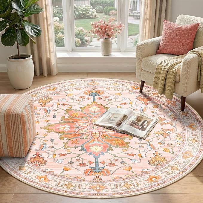 RELEANY Area Rugs Round 4ft Washable Non-Slip, Floral Vintage Distress Medallion Carpet for Living Room Bedroom Dining Room, Light Pink Colorful