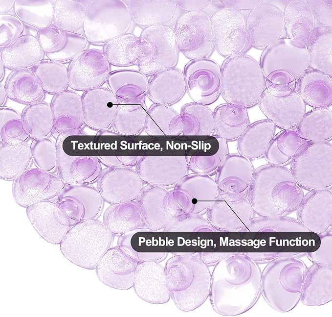 WELTRXE Pebbles Bath Mat Oval Non-Slip Bathtub Mat with Suction Cups, Drain Holes for Bathroom Showers, Tub, Machine Washable, BPA, Latex Free Safe Shower Mats, 27 x 14 Inch, Purple