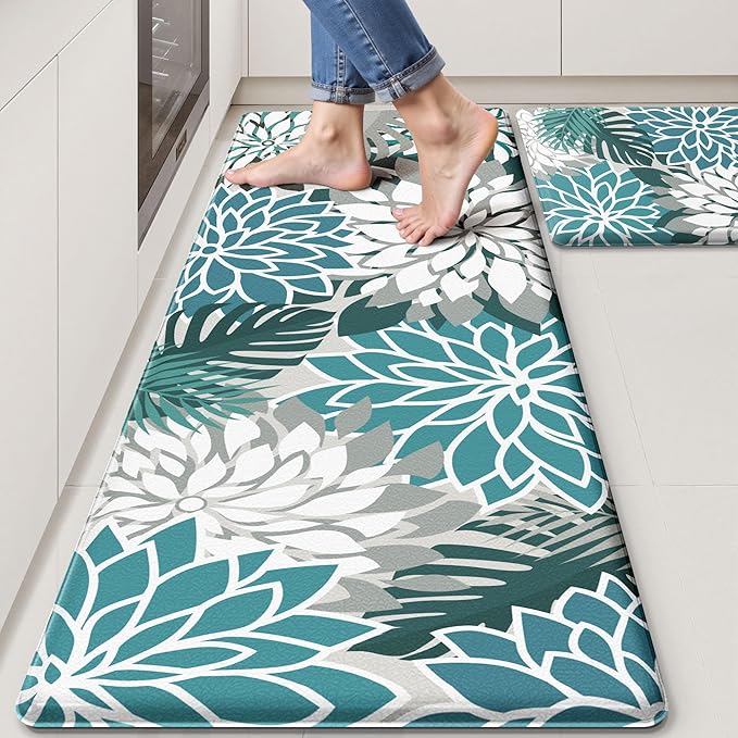 Arenarug Kitchen Mats for Floor 2PCS Cushioned Anti Fatigue Kitchen Mats Waterproof Non Slip Kitchen Mat Rug Set Comfort Foam Standing Mat for Sink, Laundry, Office,17.3" x 28" + 17.3" x 47", Teal
