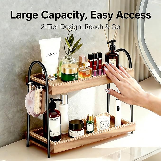 Large 2-Tier Bathroom Countertop Organizer with 8 Jewelry Hooks, 17.3" Eco-Coated Wood Vanity Tray for Perfume & Makeup, Skincare Storage Shelf for Dresser Coffee Bar Kitchen (Light Brown & Black)