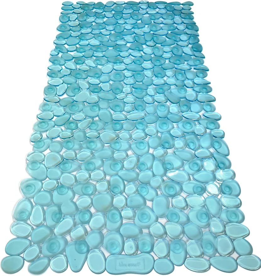 “Pebbles” Non-Slip Bathtub/Shower Mat 27.5”x14” Rectangular, Non-Toxic, Safe, Clean, Machine-Washable, Superior Grip & Drainage, Vinyl, for Smooth Floors ONLY, Transparent Aqua