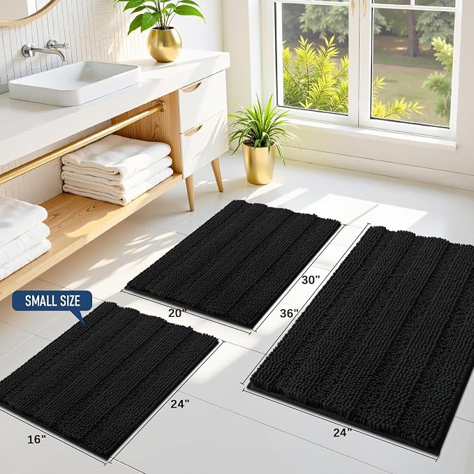 Grandaily Chenille Striped Bathroom Rugs 59x24, Extra Thick and Soft Absorbent Bath Mats, Rubber Backing, Plush Shaggy Shower Carpet, Machine Wash Dry, Bath Rug for Bathroom, Deep Black