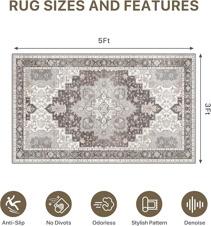 36"x60" Office Chair Mat for Hardwood Tile Floor, Under Desk Carpet Protector for Rolling Computer Chair Mat, Machine Washable Area Rug, Anti-Slip 1/5" Thick Low Pile Thin Vinyl Floor Mat, Tawny Grey