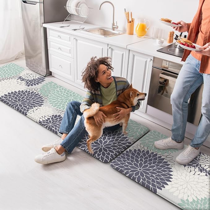 Anti Fatigue Kitchen Mats,Non Slip Boho Dahlia Kitchen Rugs Sets 2 Piece,Waterproof Farmhouse Kitchen Mat for Floor,Cushioned Standing Mat for Office,Laundry,Sink,Desk,Mutil-Cyan