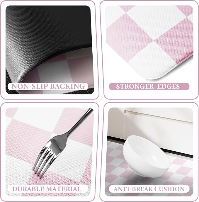 Pink Checkered Grid Checkerboard Kitchen Rug Sets [2 PCs], Anti-Fatigue, Waterproof Non-Slip Kitchen Mats Heavy Duty Ergonomic Comfort Foam Rug for Floor, Home, Laundry,Easter 17"x29"+17"x47"