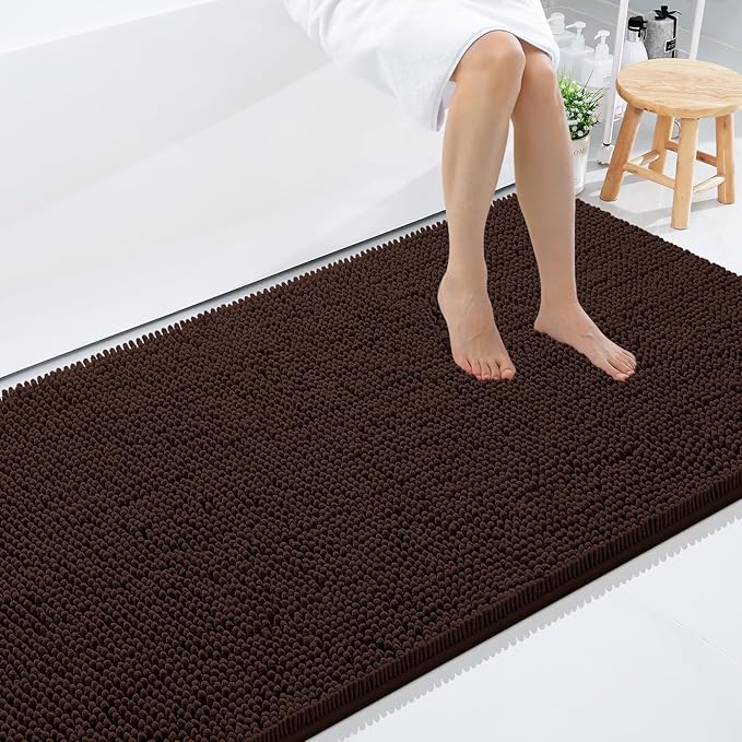 Smiry Luxury Chenille Bathroom Rugs 71x47, Extra Soft and Absorbent Shaggy Bath Mat, Machine Washable, Non-Slip Plush Carpet Runner for Tub, Shower, and Floor, Home Decor Accessories, Brown
