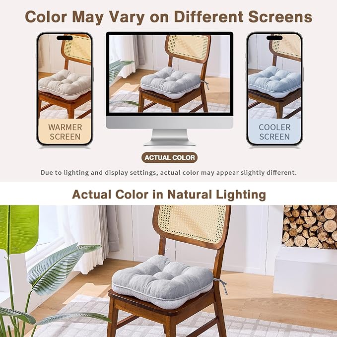 BETU Chair Cushions for Dining Chairs Set of 4,3.5" Thick Kitchen Table Chair Pads with Ties,Non Slip Backing and Covers, Seat Cushion for Dining Room,Bar,Patio Chairs,15.5"X15.5"X3.5",Light Grey