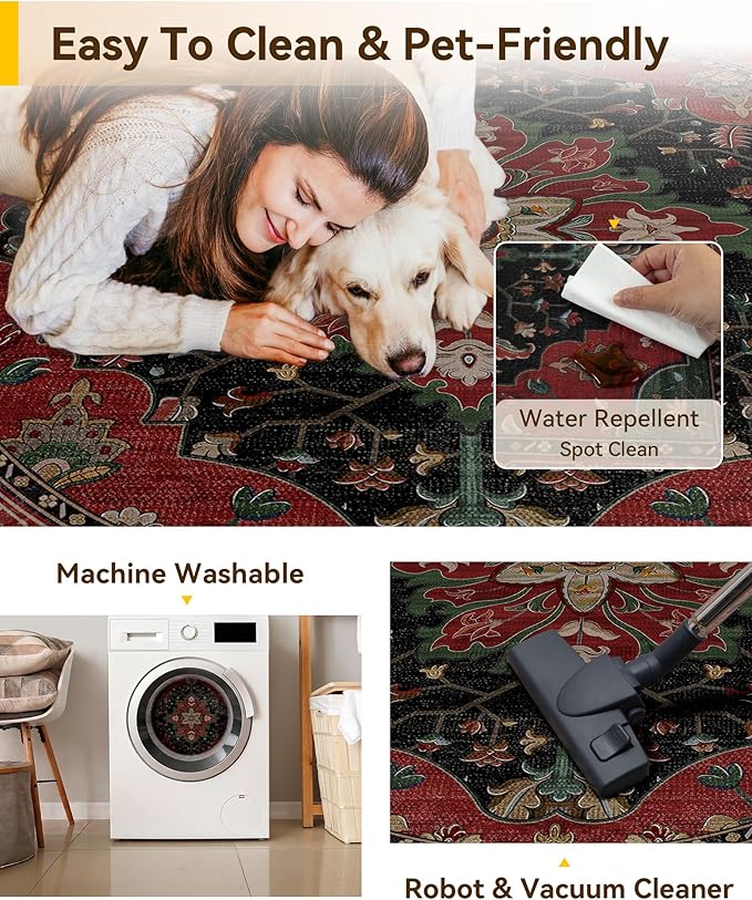 RELEANY Area Rugs Round 8ft Washable Non-Slip, Floral Vintage Distress Medallion Carpet for Living Room Bedroom Dining Room, Red Black