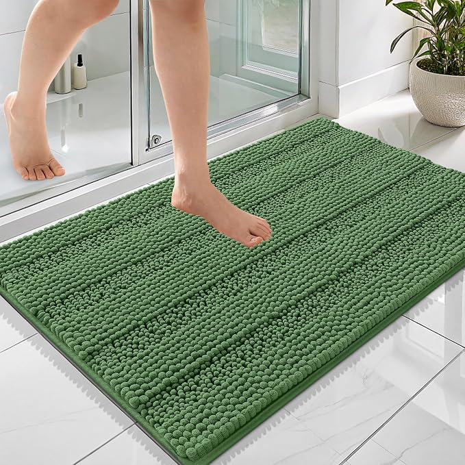 OLANLY Thick Bathroom Rugs 36x24, Extra Soft Absorbent Chenille Striped Bath Rugs, Rubber Backing, Machine Wash Dry, Bath Mats for Bathroom Floor, Tub and Shower, Home Decor Accessories, Olive Green