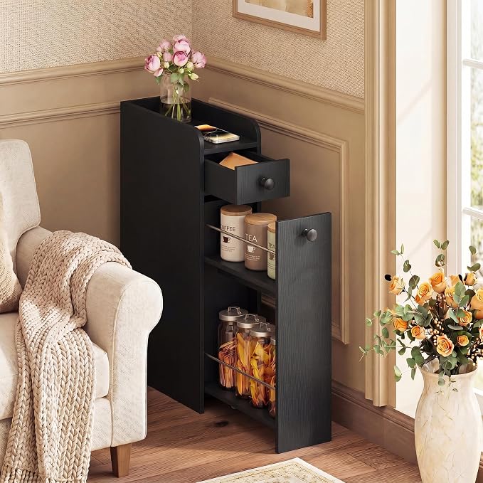COSTWAY Slim Bathroom Cabinet, 7" Wide Space-Saving Storage with 2-Tier Slide-Out Drawer, Shelf & Toilet Paper Holder, Freestanding Narrow Organizer for Bathroom, Laundry & Small Spaces (Black)