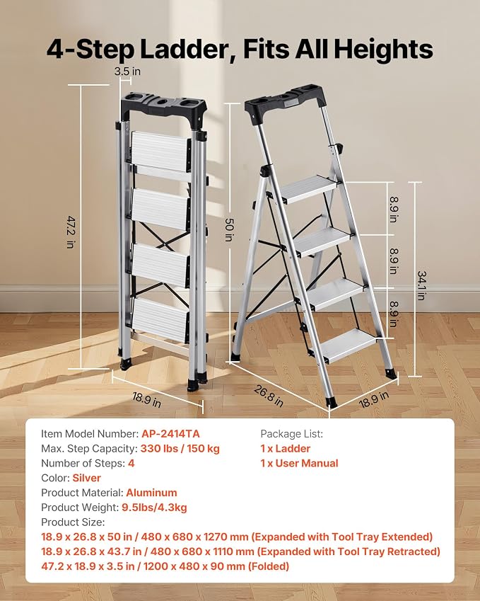 VEVOR 4 Step Ladder, Folding Step Stool with Wide Anti-Slip Pedal and Comfort Handgrip, 330 lbs Capacity Portable Aluminum Stepladder, Multi-Use for Kitchen, Home, Warehouse and Office, Silver