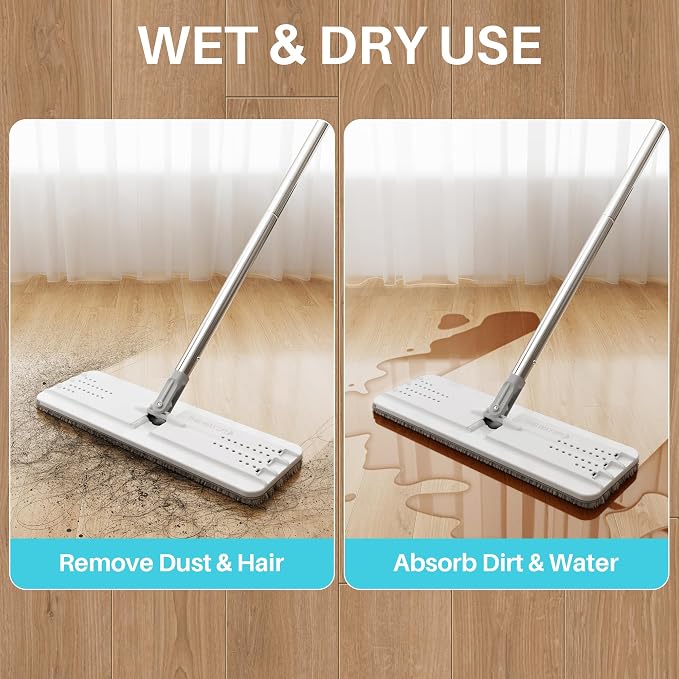 JOYMOOP Flat Mop System, 8L Mop and Bucket Set with Extension Handle, White, Large Capacity Floor Cleaning Mop for Household & Commercial Use, Includes 5 Microfiber Pads for Wet & Dry Cleaning