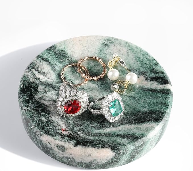 Koville Marble Jewelry Dish, Small Round Trinket Dish for Ring Necklace Earring, 4" Decorative Dish, Natural Stone Soap Dish for Bathroom Kitchen