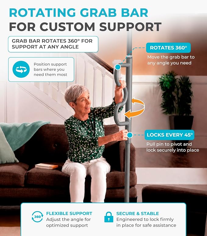 Stander Wonder Pole Plus with Rotating Double Grab Bar, Tension Mounted Security Pole for Seniors & Elderly Adults, No-Drill Floor to Ceiling Transfer Pole for Home & Bath Safety, Graphite