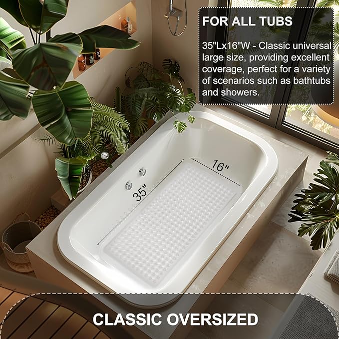 TEESHLY Bath Mat for Tub & Shower, Non Slip Soft Bathmat with Suction Cups & Drain Holes, Machine Washable Bathtub Floor Liner Mats for Bathroom, 35x16 Inch, Clear