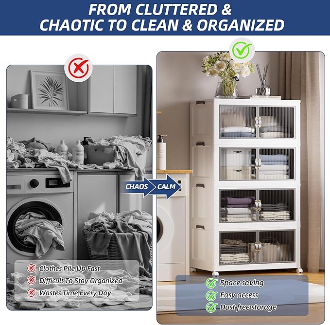 SAILUN 116Gal/464Qt Stackable Storage Bins Folding Collapsible Storage Bins with a Lid, Closet Organizers and Storage,White 26" W x 17" D x 56.7" H