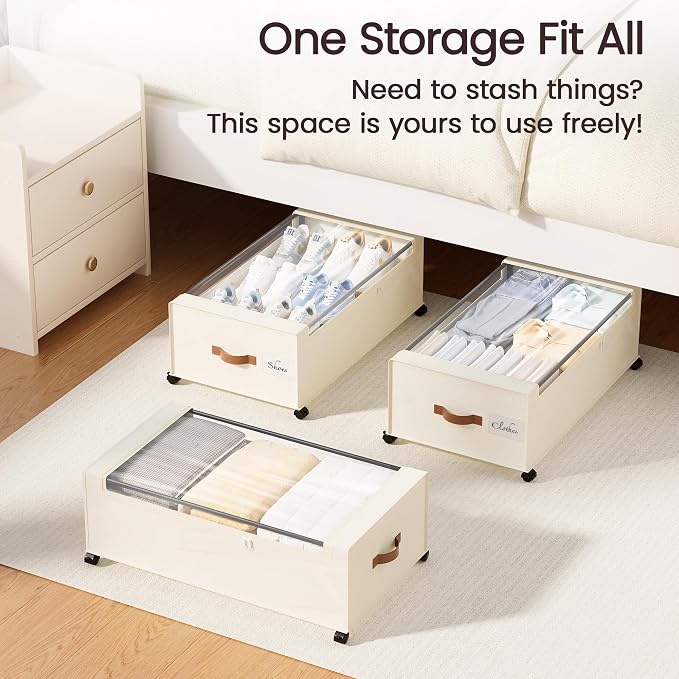 Yecaye 95 L Under Bed Storage with Wheels, 11 in Under Bed Storage Containers, Large Under Bed Shoe Storage with Lids, Rolling Underbed Storage bins for Clothes, Blankets, Beige