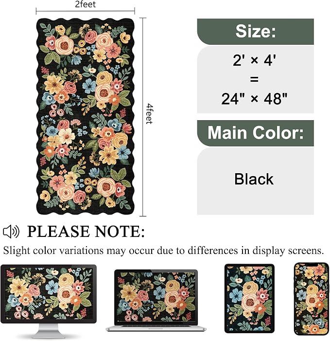 DUKINO 2x4 Washable Runner Rugs, Non Slip Floral Print Entryway Rug with Soft Low Pile, Lightweight Mat for Living Room, Bathroom, Bedroom, Kitchen, Black