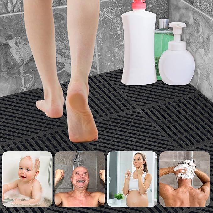 ToLanbbt Modular Interlocking Cushion 12P 11.8" x 11.8" Interlocking Rubber Floor Drain Holes Non-Slip Splicing Drainage Mats for Deck, Shower, Kitchen, Drain Pool, Sauna Bath (Black, 1 Rows Dots)