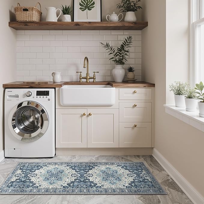 GENIMO Kitchen Rugs Non Slip Washable, 2PCS Kitchen Mats for Floor, Cushioned Standing Mat, Kitchen Runner Rug Floor Mat for Kitchen Decor, Laundry, Sink, Entryway, Home, 20"x32"+20"x59", Navy Blue