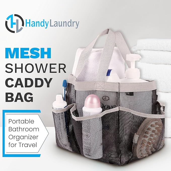 Handy Laundry Mesh Shower Caddy Portable for College Dorm Room Essentials, 7 Pocket Hanging Shower Bag Tote, Quick Dry Collapsible Toiletry Organizer for Gym, Beach, Travel, Camping (Black)
