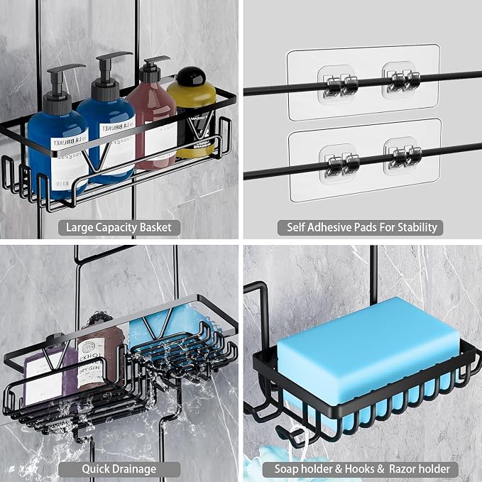 DAOYA Over the Shower Head Caddy with 2 Baskets & Soap Holder, Non-Slip Design for 0.82-Inch Showers, Black, Stainless Steel