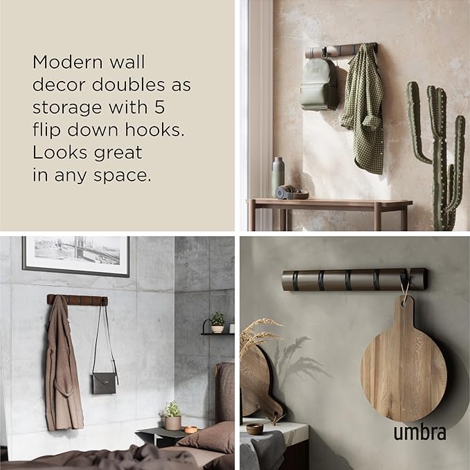 Umbra Flip Wall-Mounted Coat Rack with 5 Hooks – Modern, Space-Saving Storage for Hats, Jackets, Bags, Entryway, Mudroom, Closet, Bathroom, Bedroom – Black/Walnut