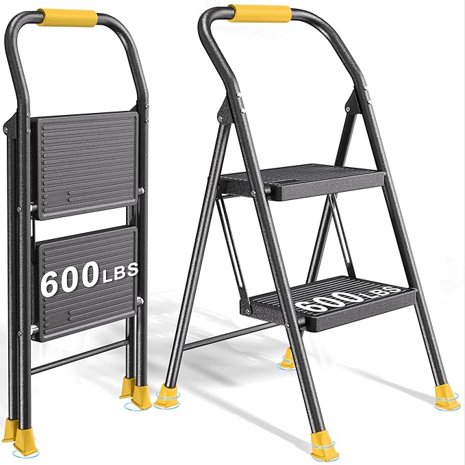 Foldable 2 Step Step Ladder with Handrails for Home Adults, Heavy Duty 600Lbs Extension Tall Stool for Indoor Kitchen Closet