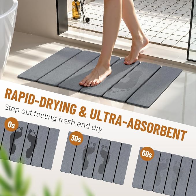 Luxspire Stone Bath Mat Foldable, Quick Drying Diatomaceous Earth Bath Mat for Bathroom, Large Bathroom Rug with Non-Slip Rubber Base, Easy Clean Accessories Outside Shower, 24 x 16 in, Dark Gray