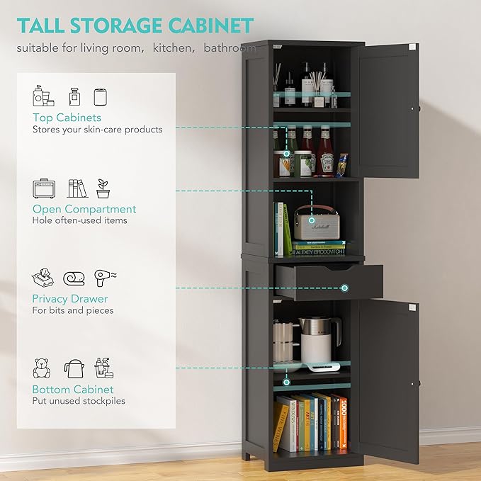 Vongrasig Tall Bathroom Storage Cabinet, 64”H Narrow Storage Unit for Small Spaces, Freestanding Modern Cabinet with Adjustable Shelves for Bathroom, Living Room, Black