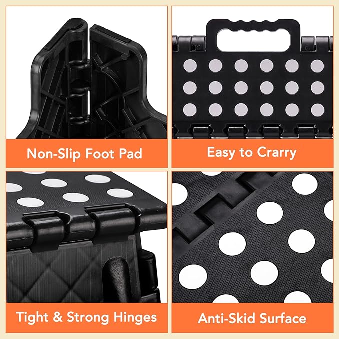 ACSTEP Folding Step Stool,15-Inch Extra Wide 9 Inch Height Heavy Duty Stepping Stool Safer and More Comfortable Non Slip Foldable Step Stool for Kids and Adults Black