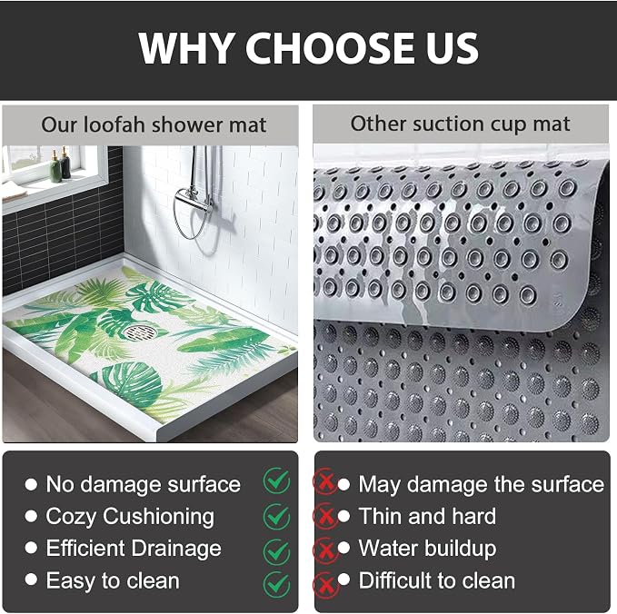 Non Slip Shower Mat: 47.2x31.5 Inch Extra Large Shower Mats for Inside Shower with Drain Hole in Middle - Soft PVC Loofah Anti Slip Shower Floor Mat for Standing and Walk-in Shower, Quick Drying