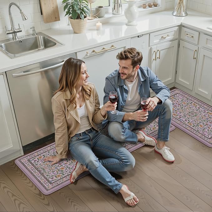 KIMODE Anti Fatigue Kitchen Mat, Cushioned Boho Kitchen Rugs Sets of 2, Farmhouse Kitchen Mats for Floor Non Slip, Waterproof Standing Desk Mats for Laundry Office Sink Purple 17.3"x29"+17.3"x47"
