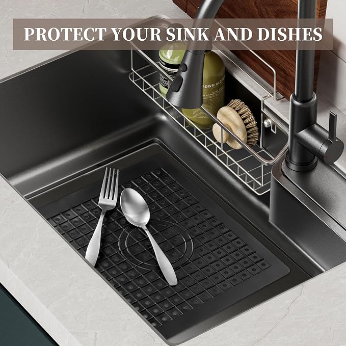 WILLKOMMEN Kitchen Sink Mat, 12" x 10" Dish Drying Mat, Rectangular Sink Protector Mats for Bottom of Kitchen Sink, Fast Draining Sink Mats Grid, 2 Pack Black