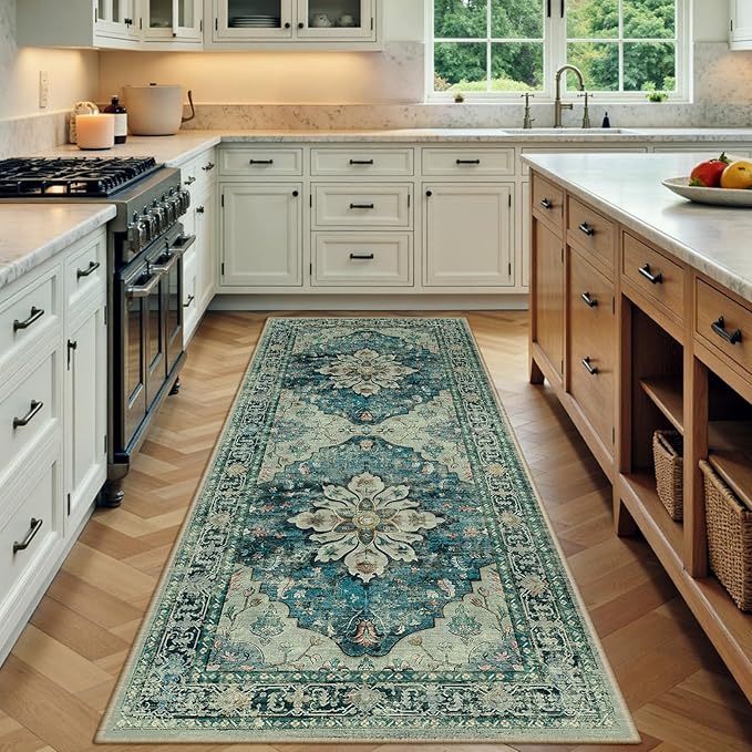 RELEANY Area Rugs Runner 3'x8' Washable Non-Slip, Floral Vintage Distress Medallion Carpet for Kitchen Hallway Bedroom Beside Laundry Room Bathroom, Dark Blue Vintage