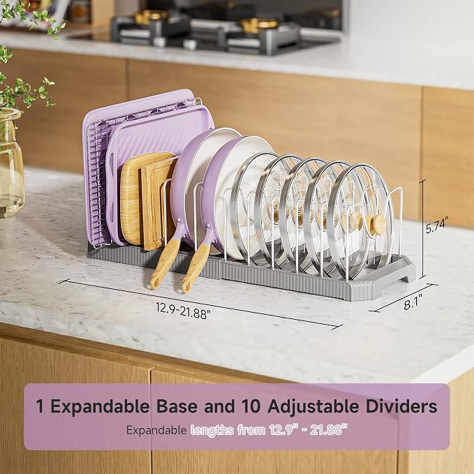 MUDEELA Pot Lid Organizer Rack for Cabinet, Expandable Pots and Pans Organizer under Cabinet with 12 Adjustable Dividers, Pan Organizers Holder inside Cabinet for Cutting Boards, Baking Sheets, Grey