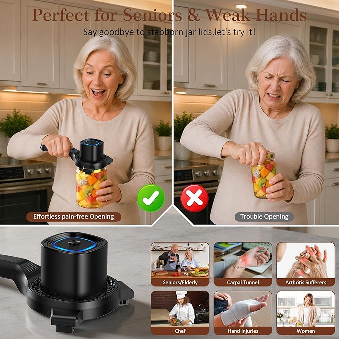 Electric Jar Opener for Seniors with Auto-Adjusting Gripper, Rechargeable Jar & Bottle Openers for Weak Hands and Arthritis, Easy Twist Off Lid Opener with Rubber Gripper Pad, Fits 1"-3.5" Lids(Black)