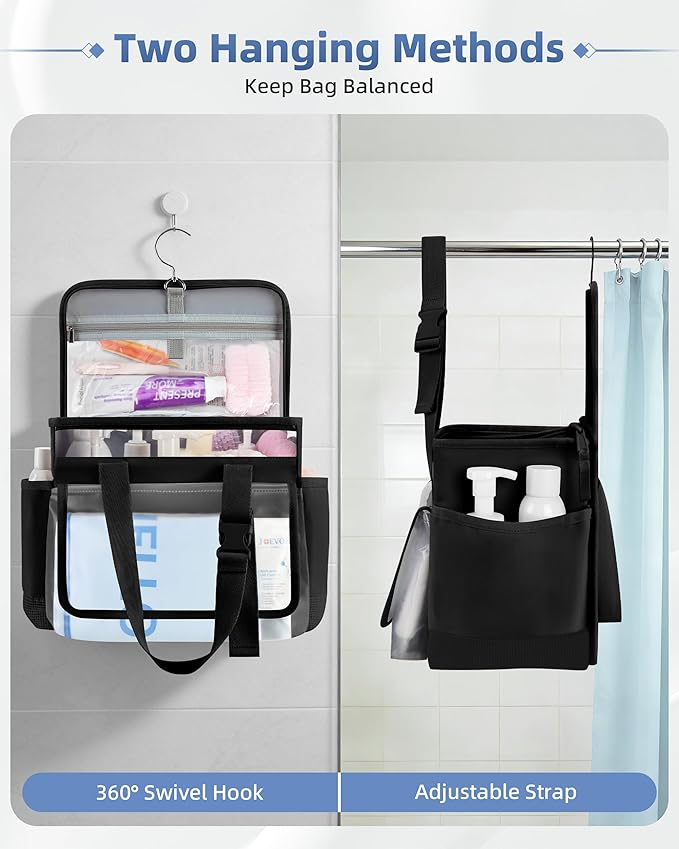 Marscamd Hanging Shower Caddy Organizer Bag for Travel with Hanging Hook, Quick Dry Mesh Bathroom Caddy Toiletry Bag with Handle for College, Dorm, Gym, Camping, Black
