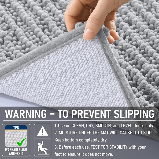 OLANLY Long Bathroom Rugs Runner 47x17, Thick Soft and Absorbent Chenille Bath Mat, Non-Slip, Machine Washable Quick Dry Bath Rugs for Tub Shower Floor, Home Decor Accessories, Light Grey