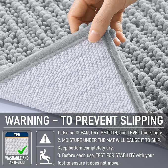 OLANLY Long Bathroom Rugs Runner 47x24, Thick Soft and Absorbent Chenille Bath Mat, Non-Slip, Machine Washable Quick Dry Bath Rugs for Tub Shower Floor, Home Decor Accessories, Light Grey